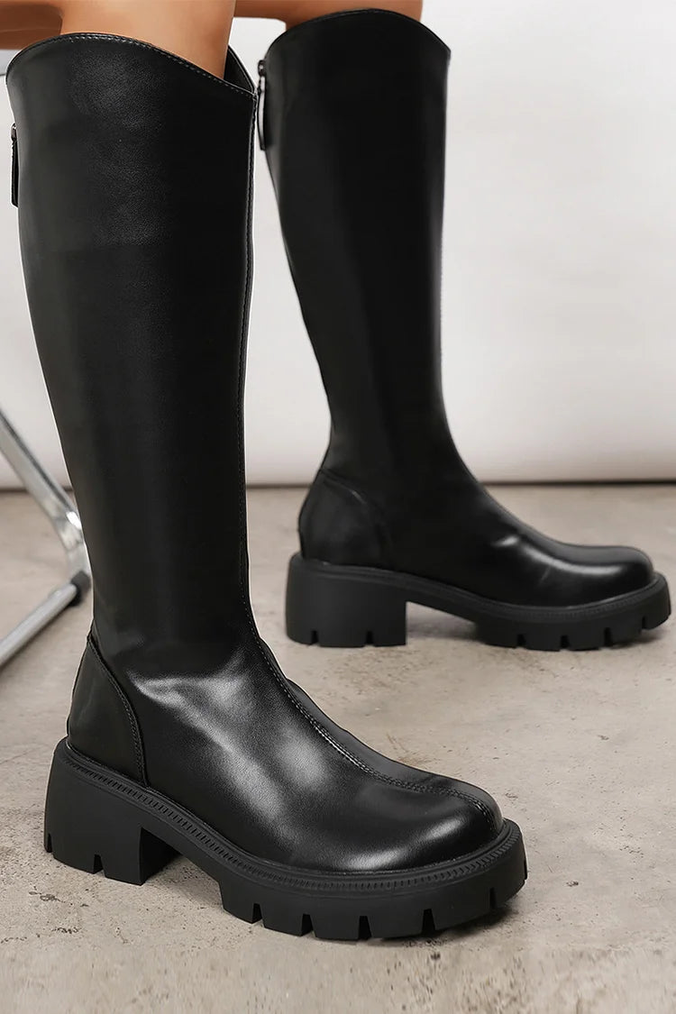 Solid Color Patchwork Zipper Round Toe Chunky Heel Knee High Boots