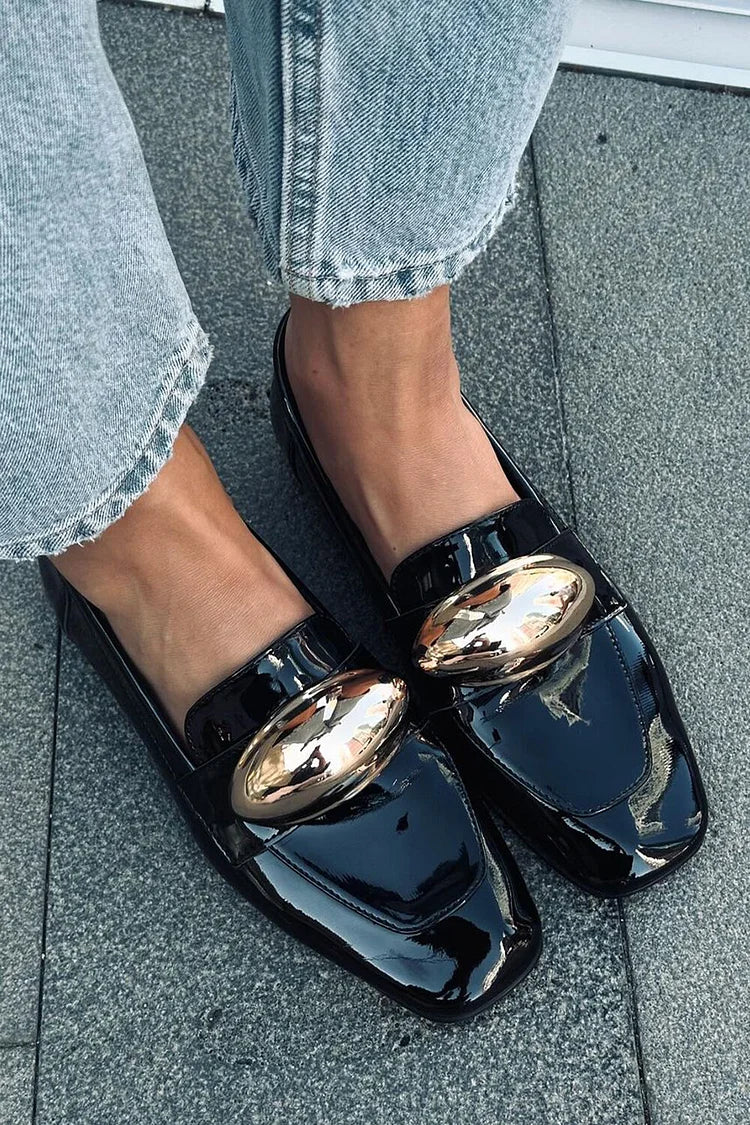 Metal Decor Square Toe Casual Black Loafers [Pre Order]