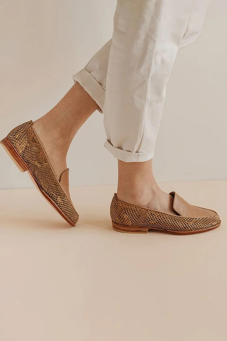 Round Toe Patchwork Snake Print Brown Loafers [Pre Order]