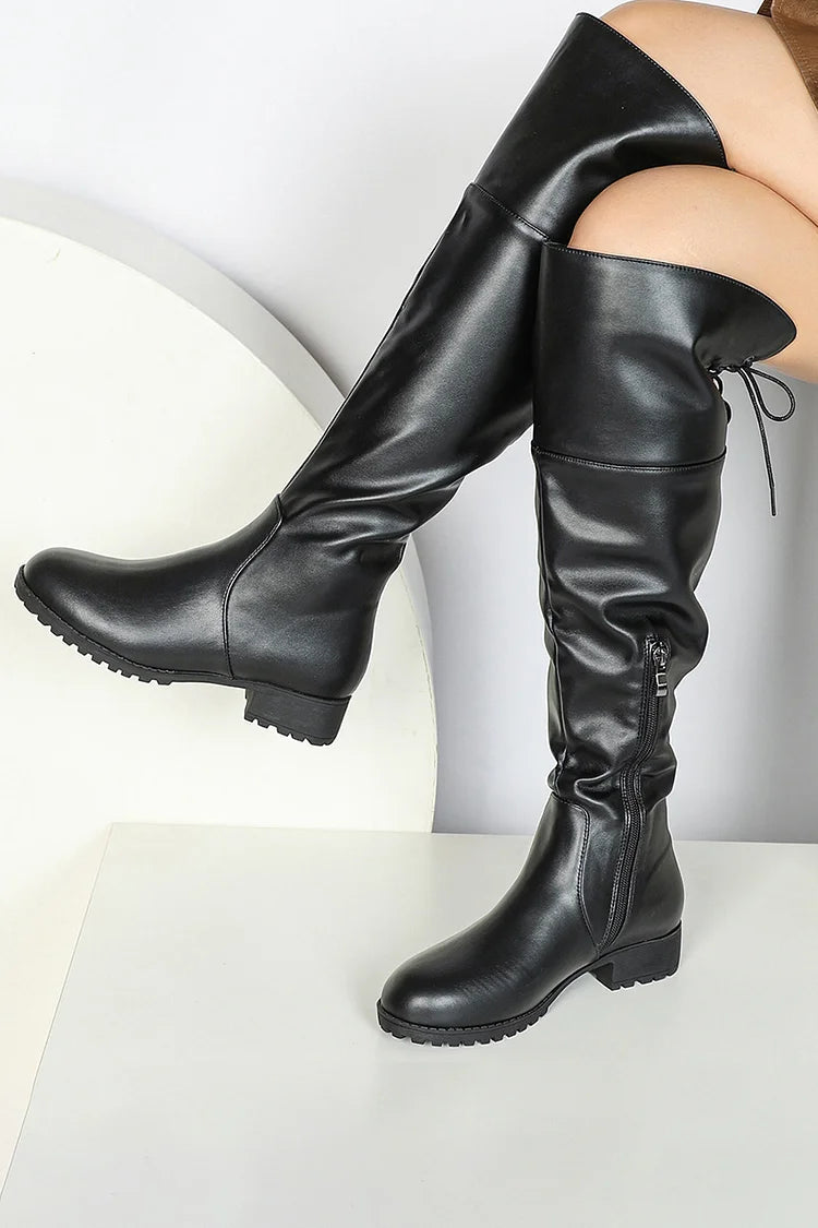 Patchwork Lace Up Solid Color Zipper Round Toe Knee High Boots