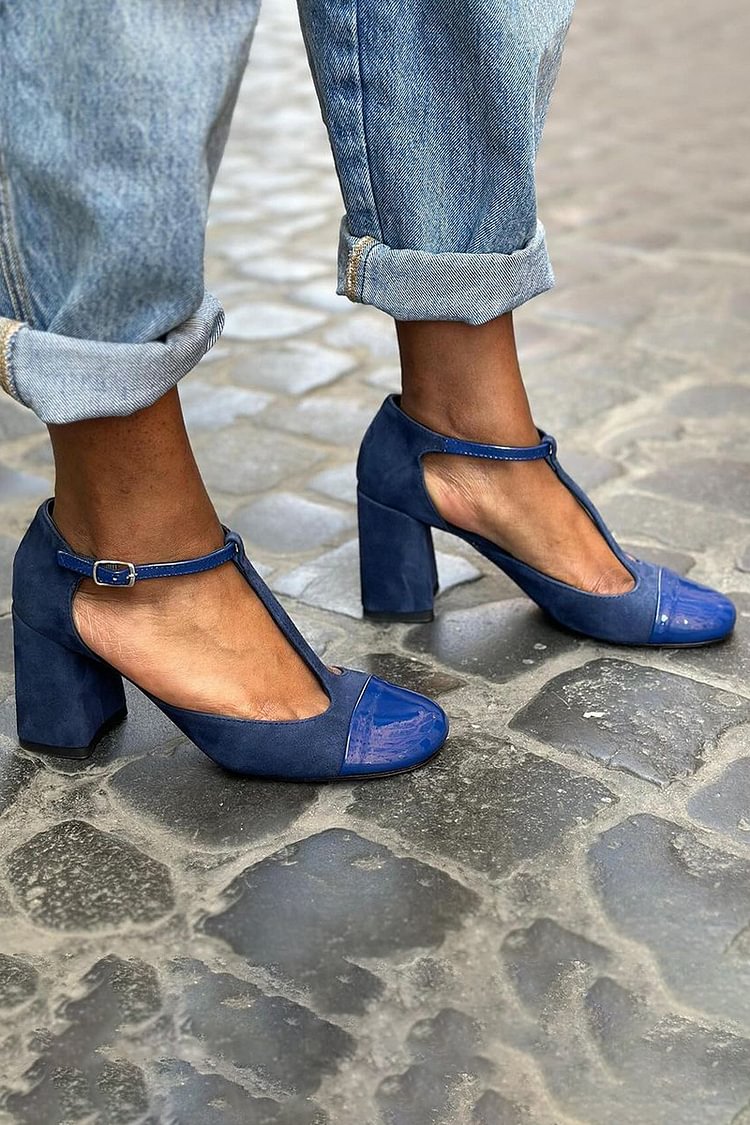 Patchwork T-Strap Buckle Round Toe Navy Chunky Heels [Pre Order]