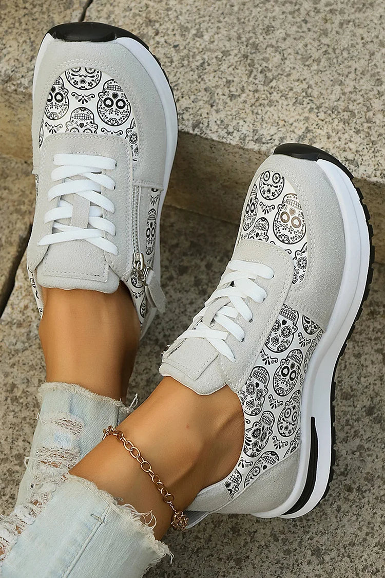 Halloween Skull Pattern Print Zipper Decor Lace Up Sneakers