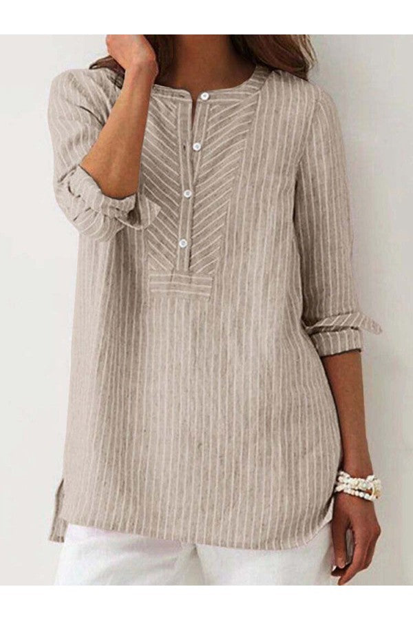 Women's Striped Half Button High-Low Hem  Long Sleeves Blouse