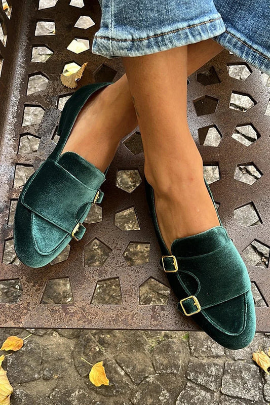 Fibbie a cinturino Patchwork Stitch Detail Flats verde semplice 