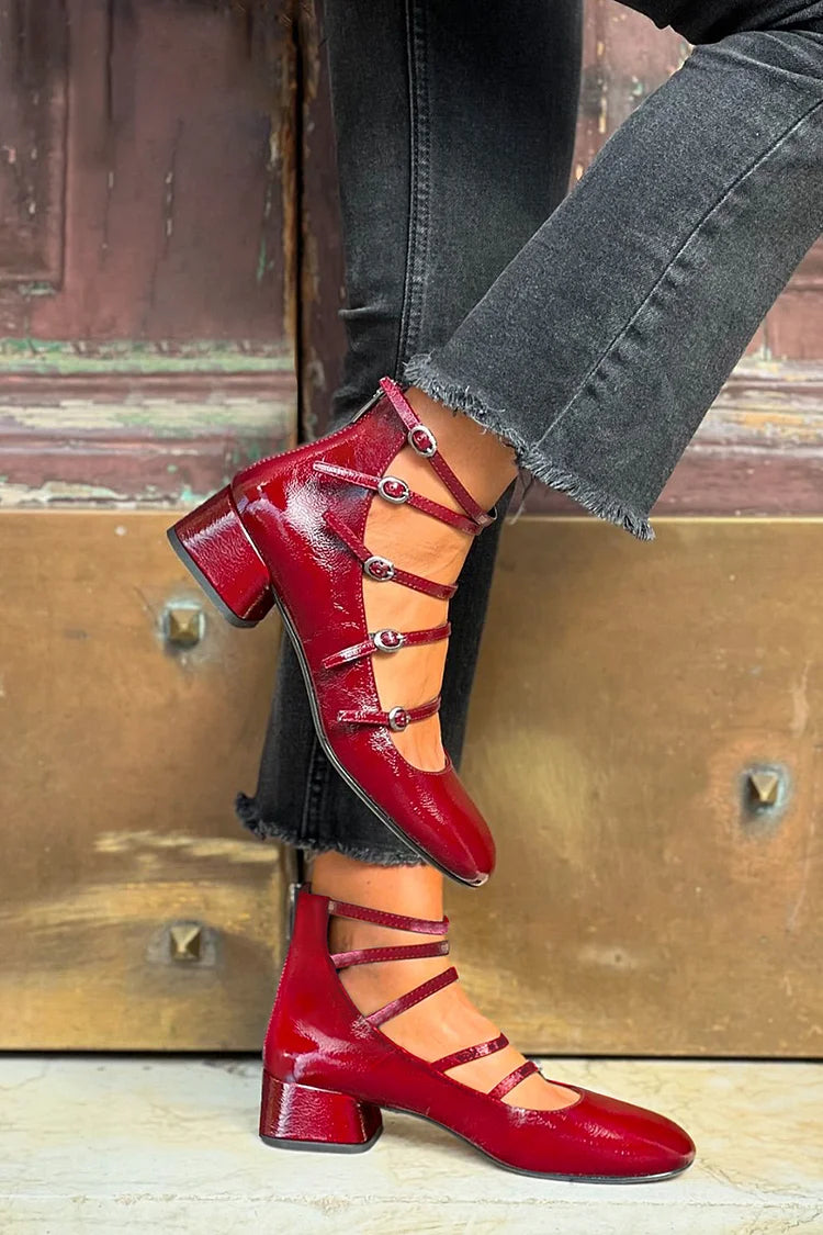 Multi Straps Buckles Solid Color Red Chunky Heels [Pre Order]