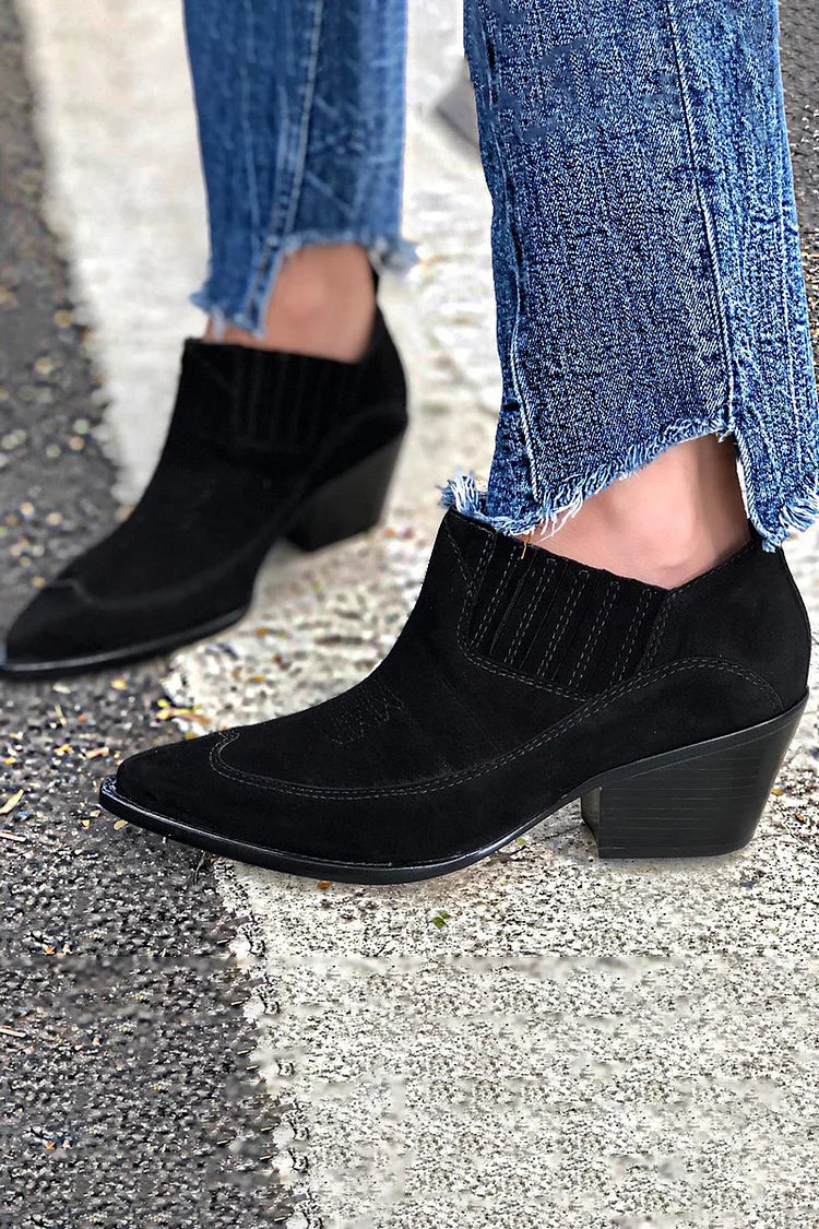 Stitch Detail Pointed Toe Solid Color Black Ankle Boots [Pre Order]