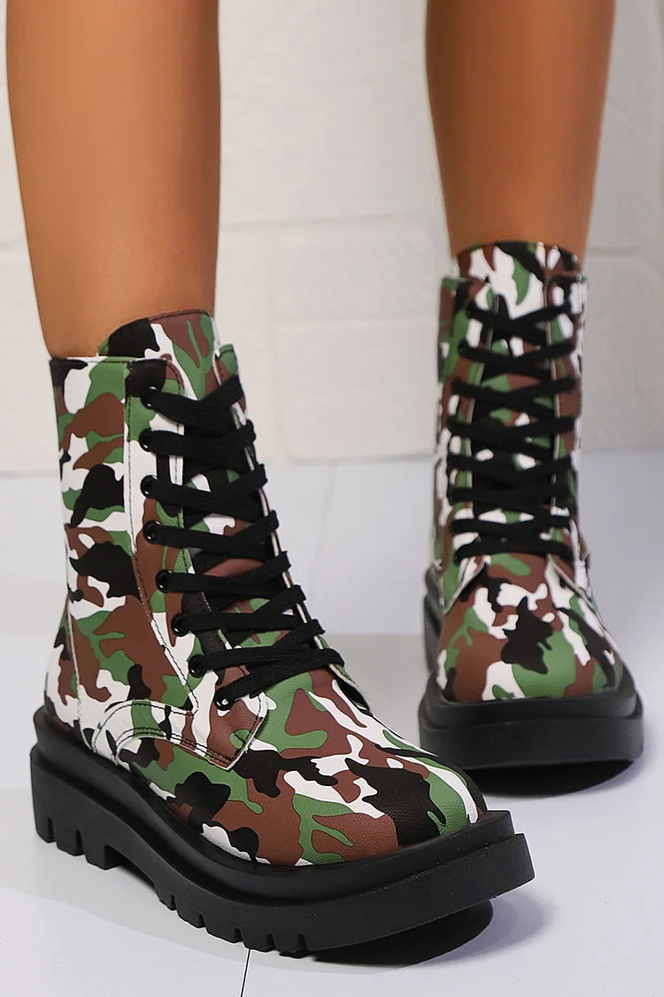 Camouflage Print Round Toe Chunky Heel Lace Up Mid Boots