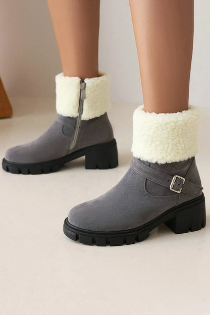 Round Toe Strap Buckle Decor Fluffy Trim Chunky Heel Snow Boots