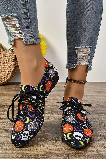 Halloween Ghost Pumpkin Print Round Toe Lace Up Casual Shoes