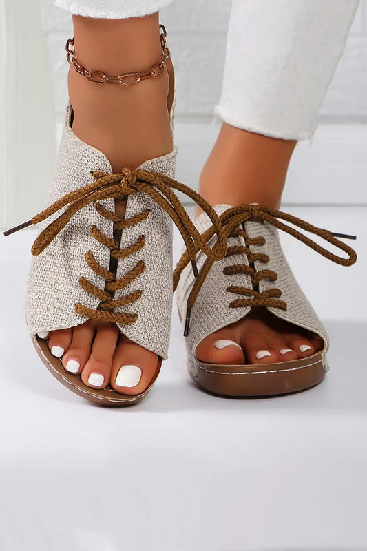 Casual Lace Up Quilted Peep Toe Canvas Wedge Slippers