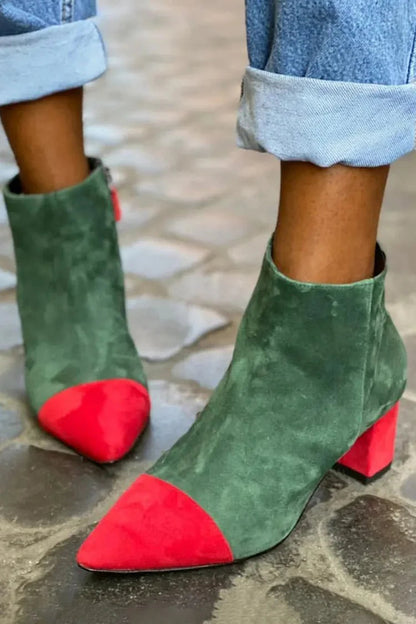 Pointed Toe Colorblock Zipper Green Chunky Heels Boots