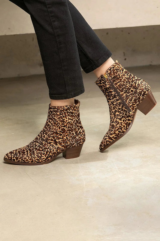 Leopard Print Pointed Toe Zipper Brown Ankle Boots [Pre Order]