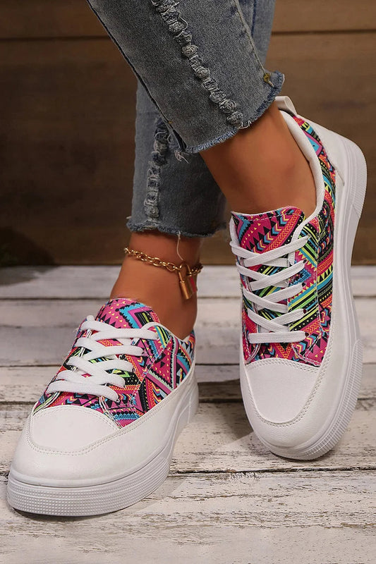 Multicolor Geometric Print Round Toe Canvas Lace Up Sneakers