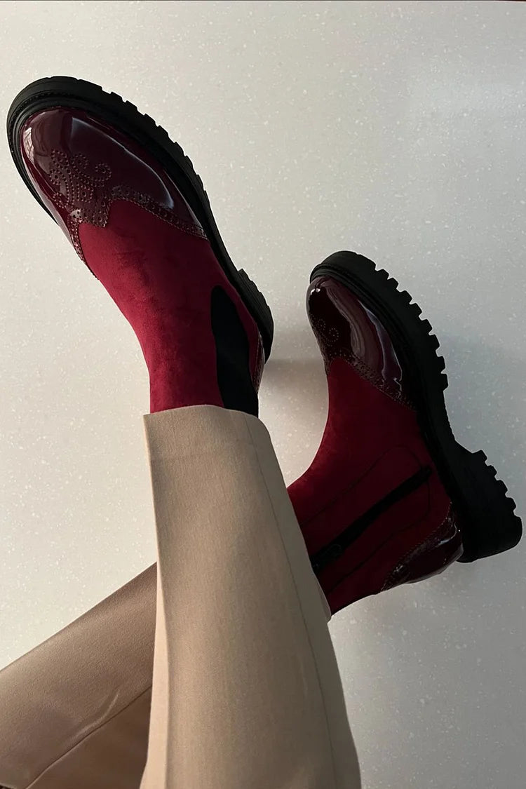 Round Toe Patchwork Chunky Heel Red Brogue Ankle Boots [Pre Order]