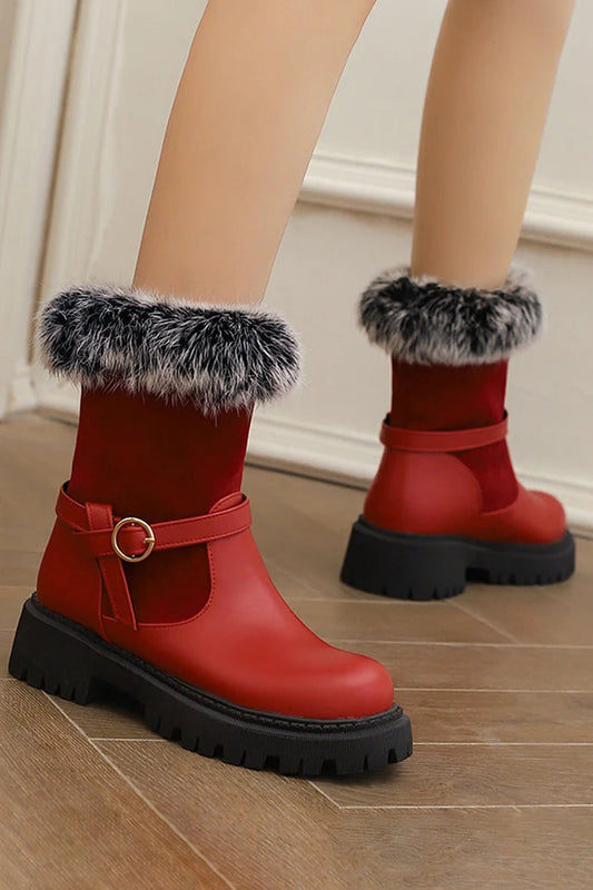 Patchwork Strap Buckle Decor Faux Fur Trim Round Toe Chunky Heel Ankle Boots