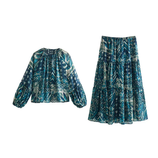 Printed shirt and metallic long skirt two-piece set