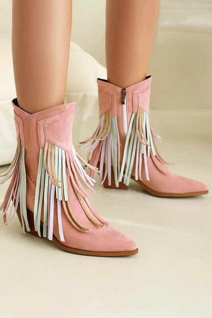 Multicolor Fringed Trim Zipper Pointed Toe Chunky Heel Western Boots