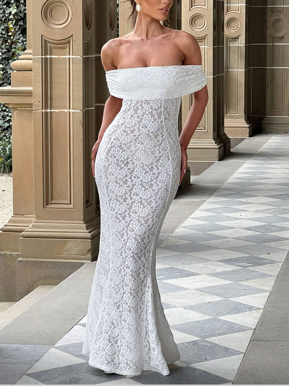 Elegant Sexy Floral Lace Fishtail Maxi Dress