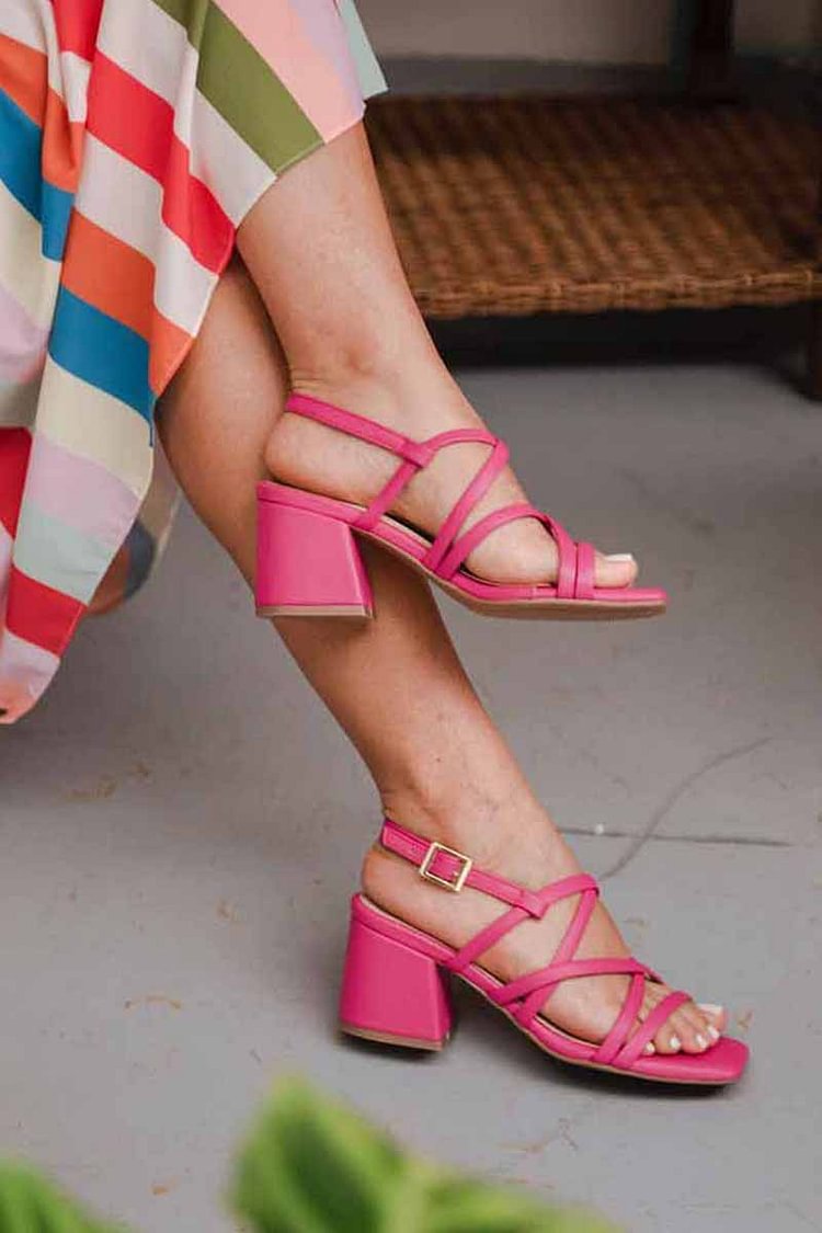 Plain Square Toe Crossover Strap Buckle Fuchsia Chunky Heels [Pre Order]