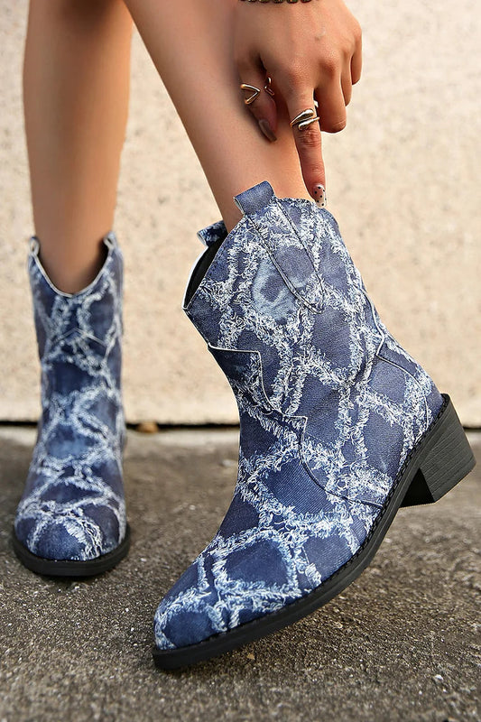 Raw Trim Print Patchwork Round Toe Chunky Heel Mid Boots