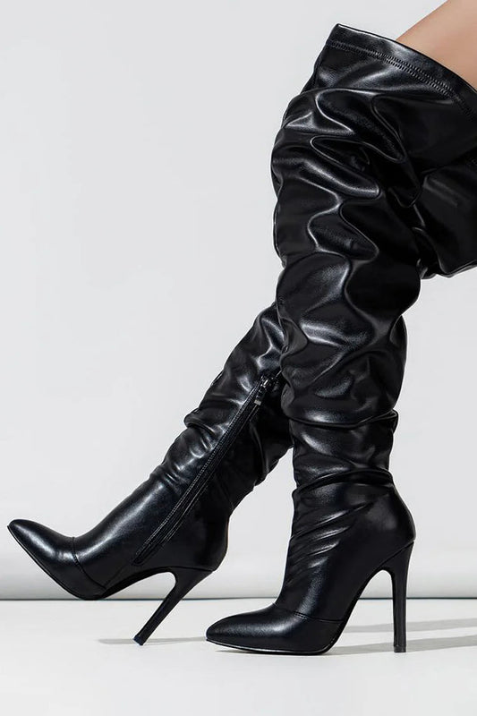 Side Zipper Pointed Toe Stiletto Heel Slouch Over The Knee Boots