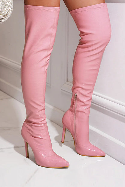 Solid Color Side Zipper Pointed Toe Stiletto Heel Over The Knee Boots