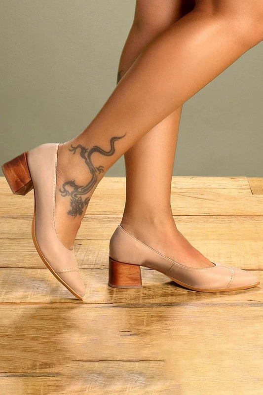 Stitch Detail Pointed Toe Elegant Khaki Low Heels [Pre Order]