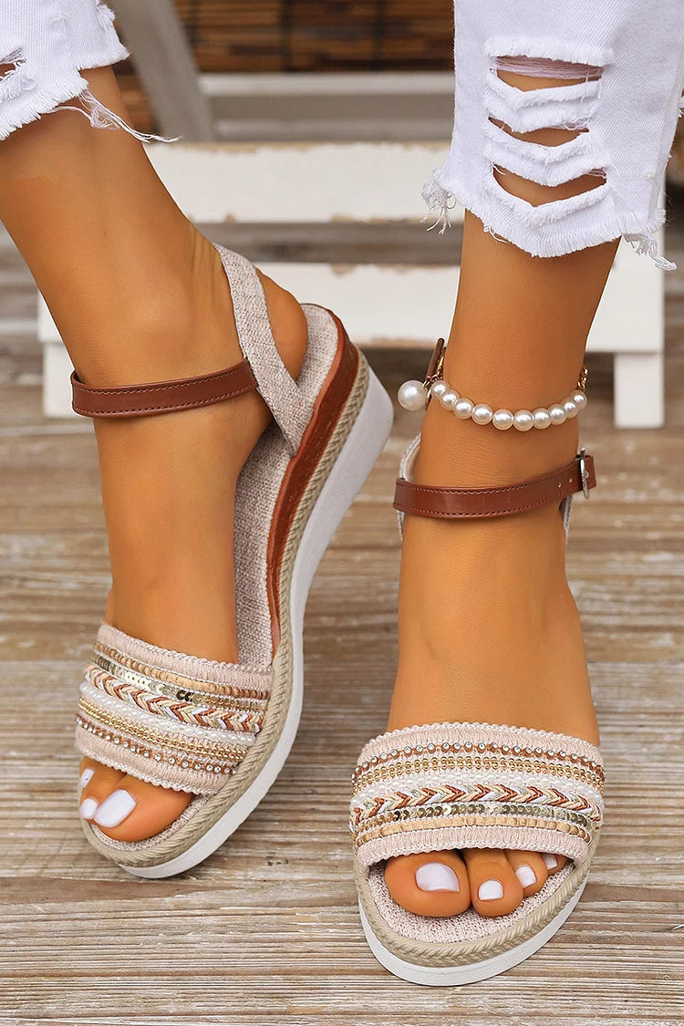 Woven Pattern Pearl Rhinestone Ankle Strap Buckle Peep Toe Wedge Sandals