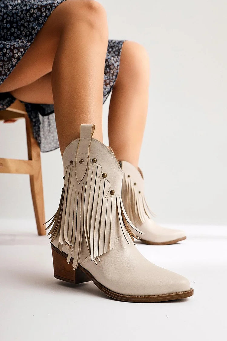 Metal Rivets Fringed Trim Pointed Toe Beige Mid Boots [Pre Order]