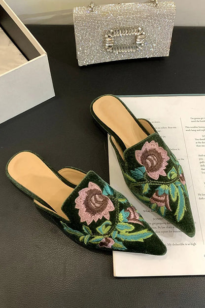 Floral Embroidery Pointed Toe Elegant Velvet Mules