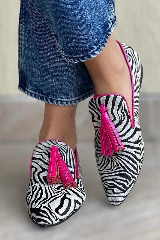 Zebra Print Colorblock Tassels Pointed Toe White Loafers