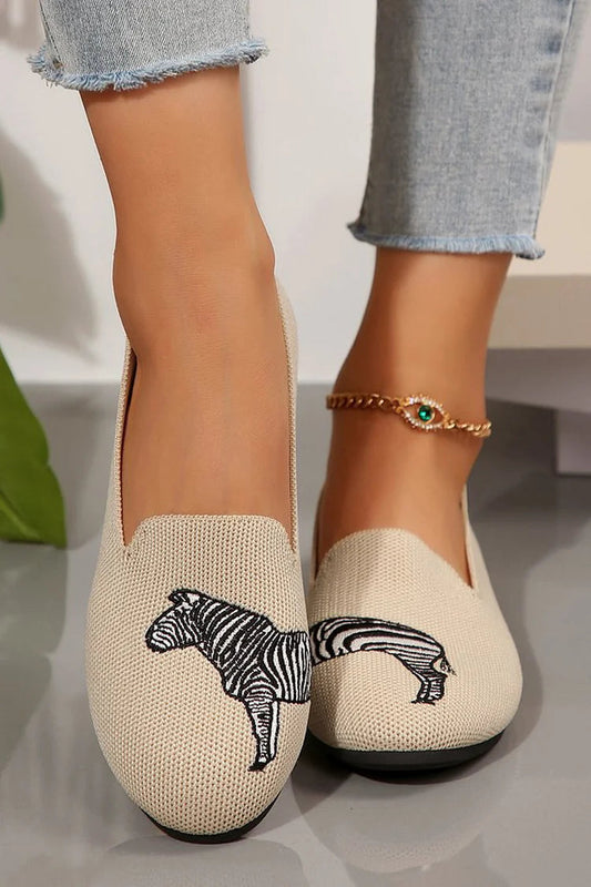 Zebra Pattern Knitted Round Toe Casual Slip On Flats