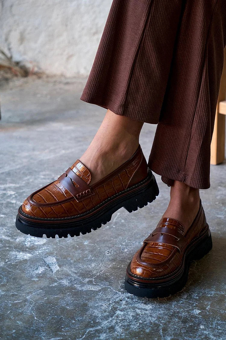 Crocodile Print Round Toe Chunky Heel Brown Loafers [Pre Order]