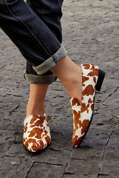 Genuine Cow Pattern Print Stitch Detail Slip On Brown Leather Flats