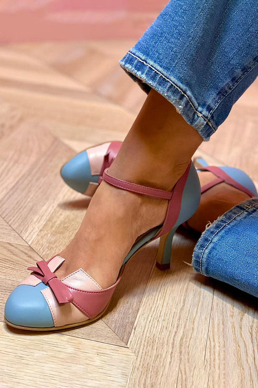 Color Block Bow Closed Round Toe Ankle Strap Stilettos