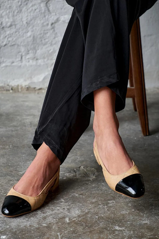 Stitch Detail Colorblock Round Toe Slingback Khaki Low Heels [Pre Order]