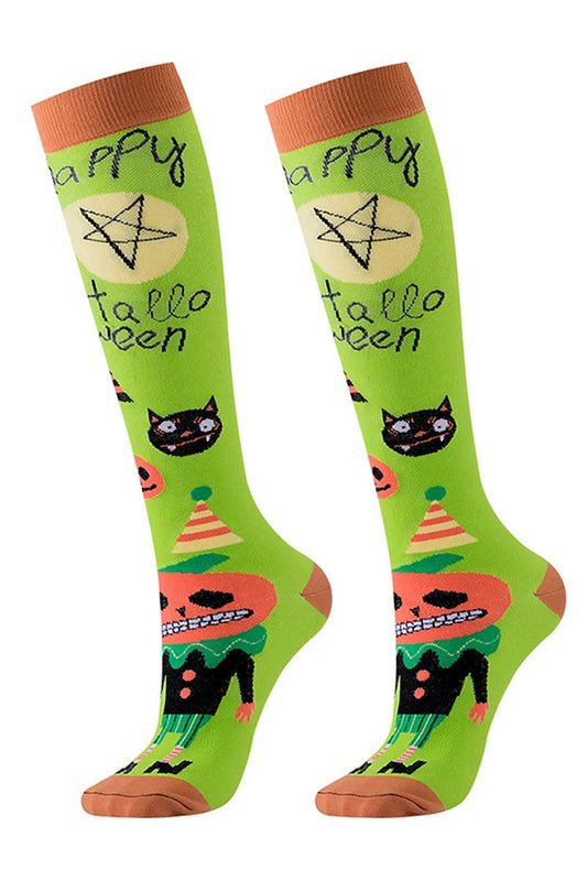 Happy Halloween Skull Pumpkin Ghost Print Color Block Over The Calf Socks