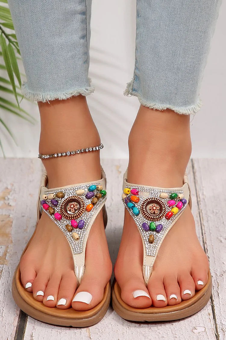 Boho Colourful Beads Rhinestone Flip Flops Elastic Band Sandals