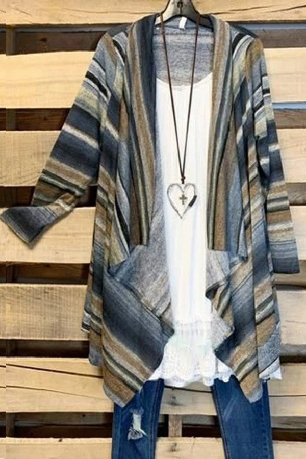 Stripe Print Heaps Collar Long Sleeves Cardigan