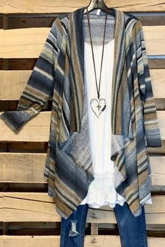 Stripe Print Heaps Collar Long Sleeves Cardigan