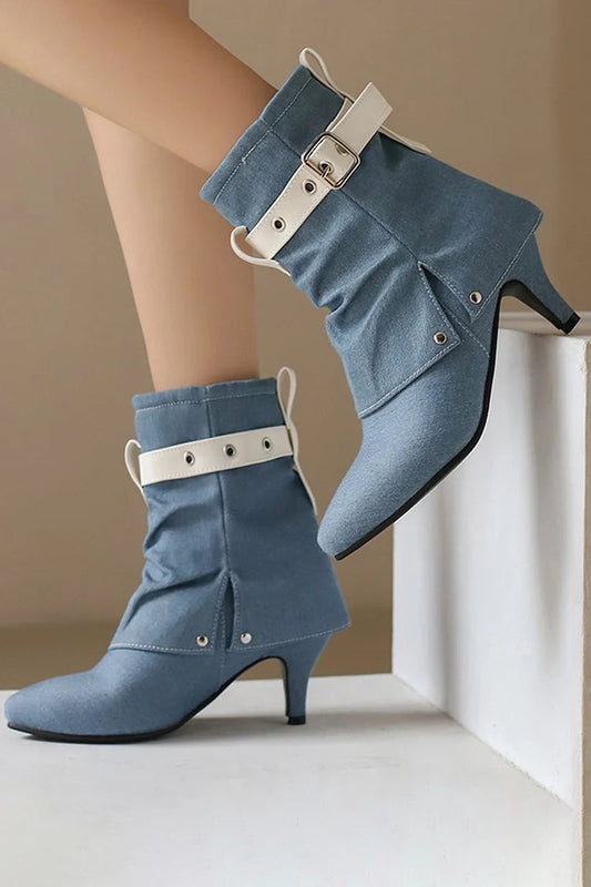 Colorblock Strap Buckle Fold Pointed Toe Stiletto Heel Ankle Boots