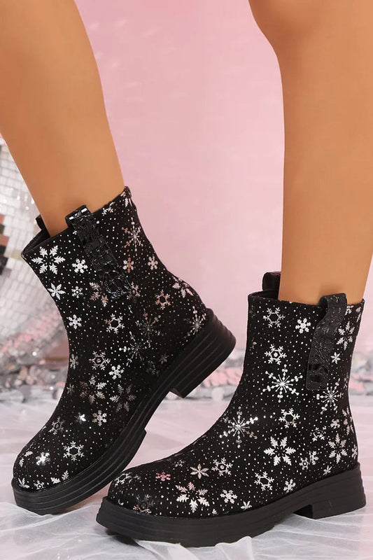 Snowflake Print Round Toe Zipper Low Block Heel Mid Boots