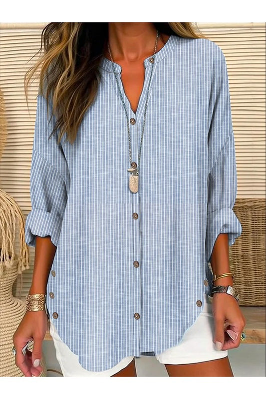 Striped Long Sleeve Shirt Blouse V Neck Regular Fit Spring Fall