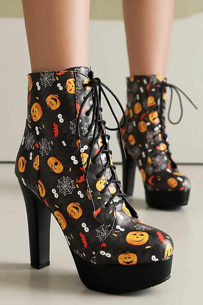 Halloween Scary Pumpkin Print Chunky Heel Lace Up Ankle Boots