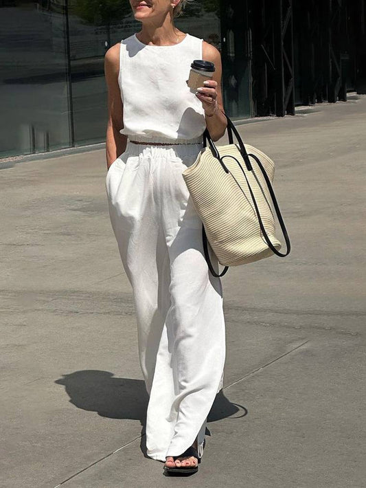 Sleeveless Stretch Waist Top Slit Pants Two-piece Sets