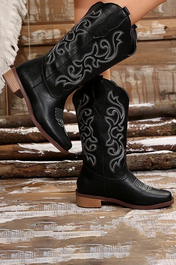 Tribal Pattern Embroidery Square Toe Patchwork Mid Calf Boots