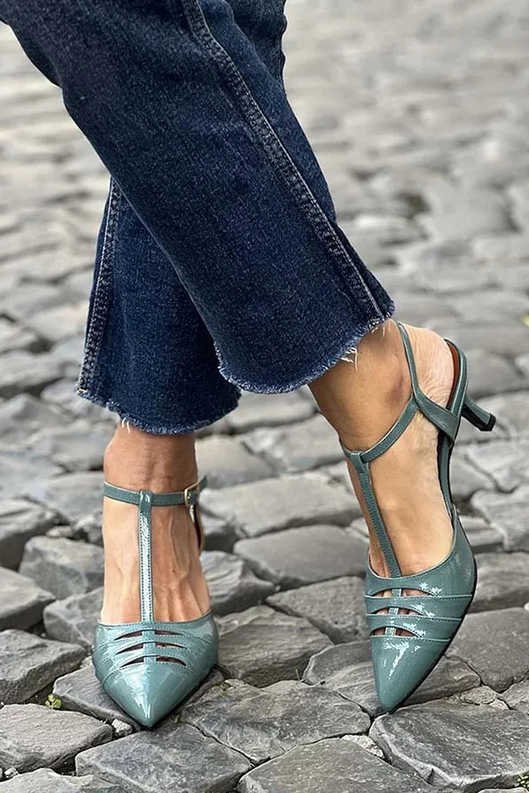 T-Strap Hollow Out Pointy Toe Green Stiletto Heels [Pre Order]