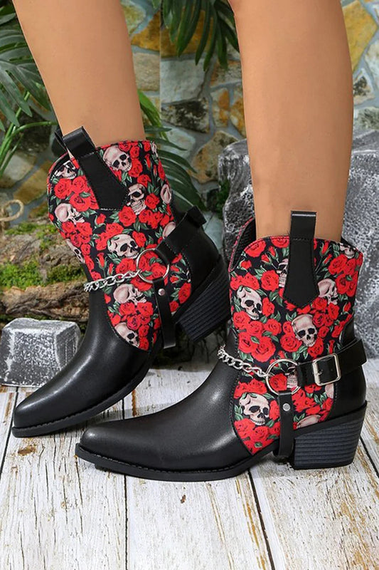 Roses Skull Print Chain Decor Pointed Toe Chunky Heel Ankle Boots