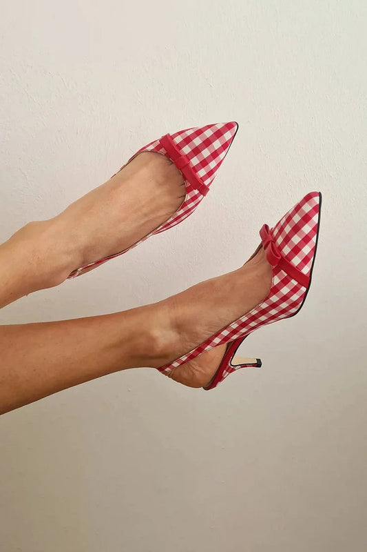 Plaid Bow Decor Pointed Toe Slingback Red Stiletto Heels [Pre Order]