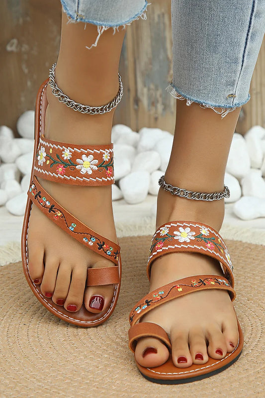 Casual Vacation Floral Embroidery Seam Toe Ring Slippers